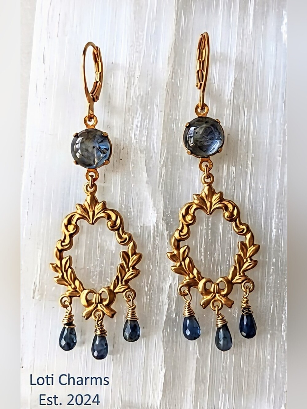 Victorian Genuine Kyanite In Chandelier Gold Plated Earrings